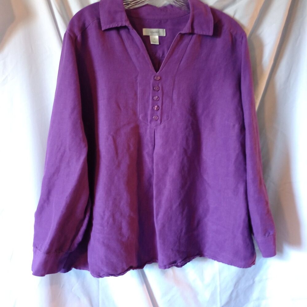 CJ Banks Linen Blend L/S Popover 2X Purple Roll tab Sleeve V-Neck